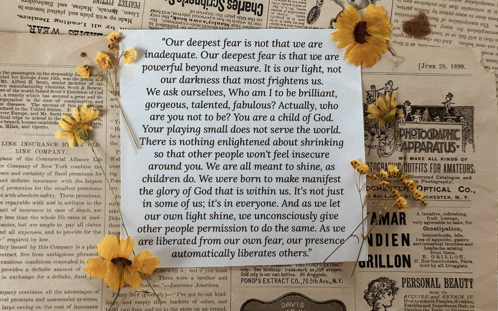 Printed quote card surrounded by pressed yellow flowers on a vintage newspaper background