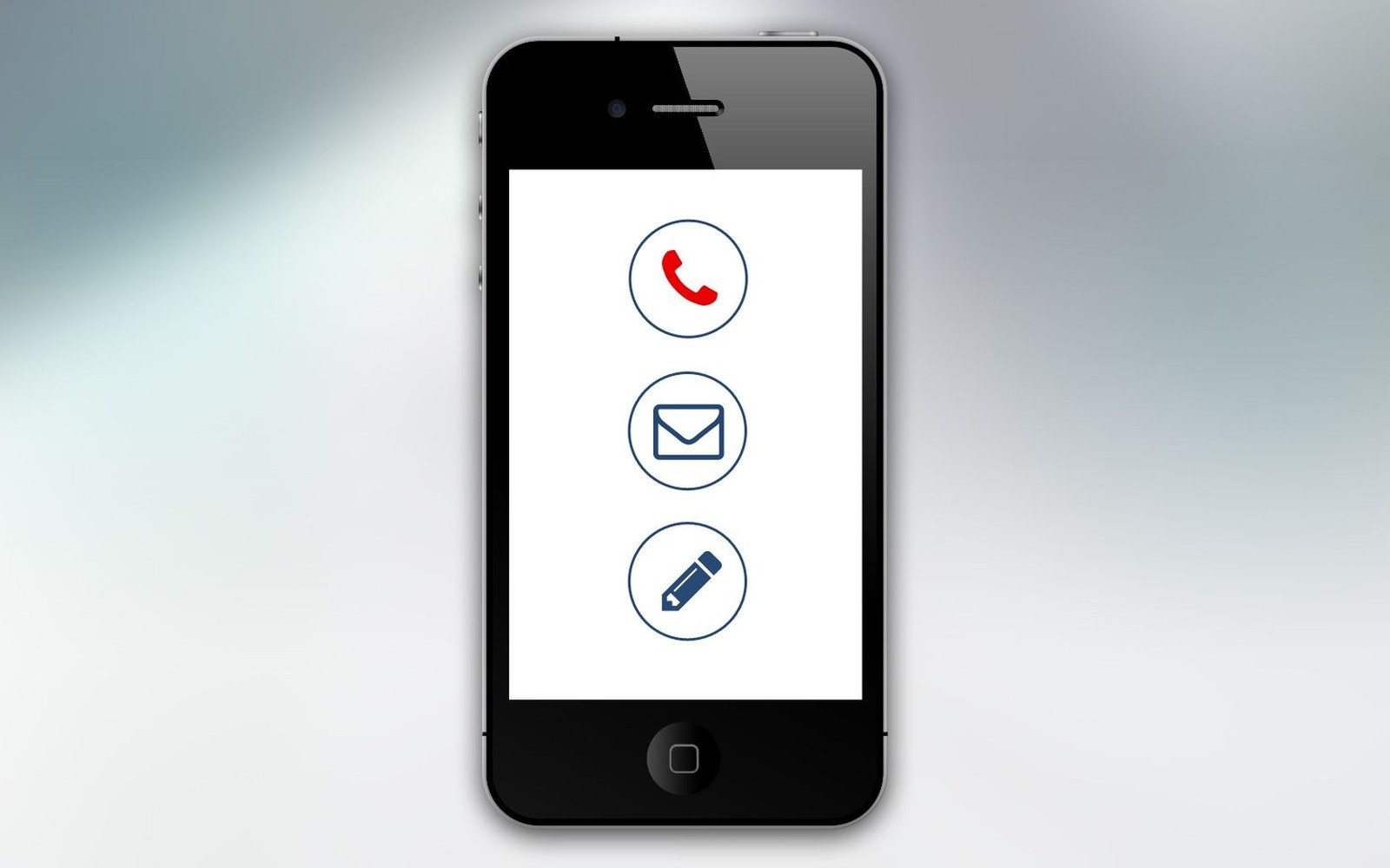 Smartphone screen displaying phone, envelope, and pencil icons in circular outlines